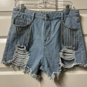 Rhinestone Fringe Distressed Denim Shorts in Light Wash, Women's Size Large
